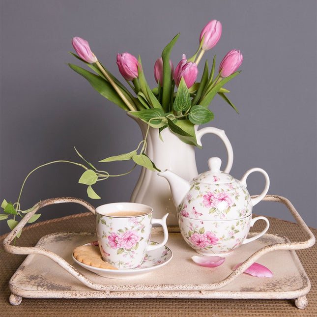 TEA FOR ONE 400 ML / 250 ML WHITE PINK PORCELAIN FLOWERS ROUND