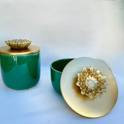 Green Jar with Golden Flower lid