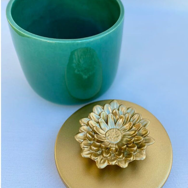 Green Jar with Golden Flower lid