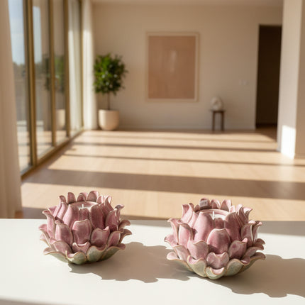 Decorative tea light holders in rose-purple  ceramic artichoke shape.