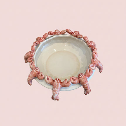 beige bowl with prink langoustines on the boarder, ceramic