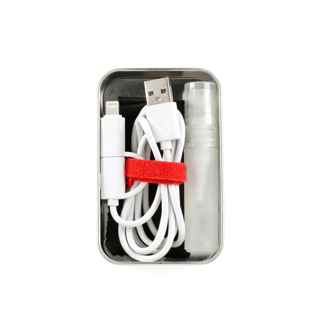 Emergency-techkit-screen-cleaner-spray-usb-charging-cable-kikkerland-reusable-tin