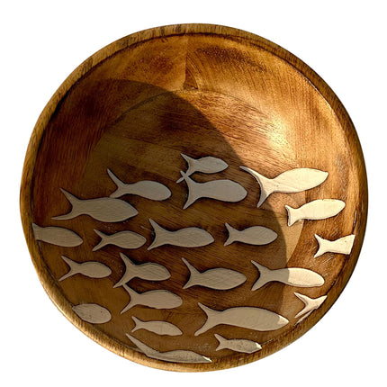 Medium wooden bowl with carved fishes